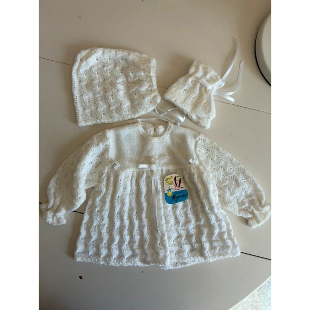 NWT Vintage Baby Girl White Knit Dress Set Bonnet Booties Christening Set